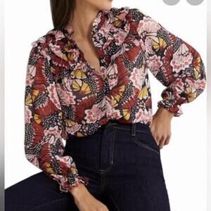 NEW BODEN Butterfly Ruffle Neck Shirt Multicolor Sheer Blouse Ruffled Cuffs US-2